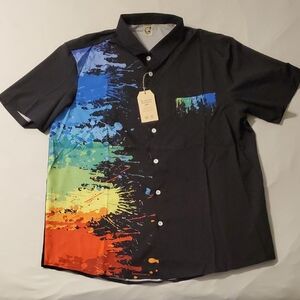 Hardaddy Hawaiian Paint Splatter Men's Button Down Short Sleeve Shirt L